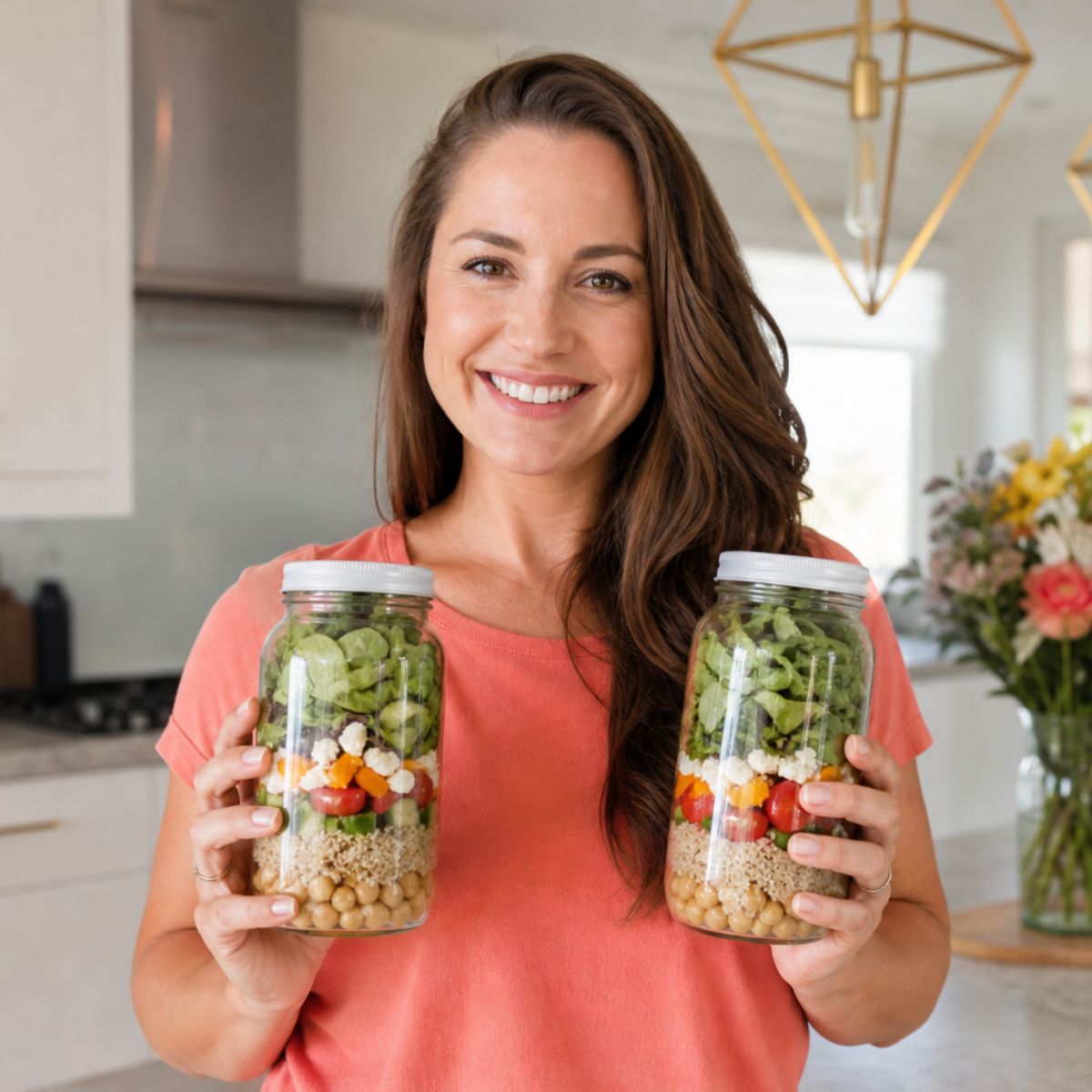 Mujer sosteniendo dos ensaladas en frasco Mason en la cocina